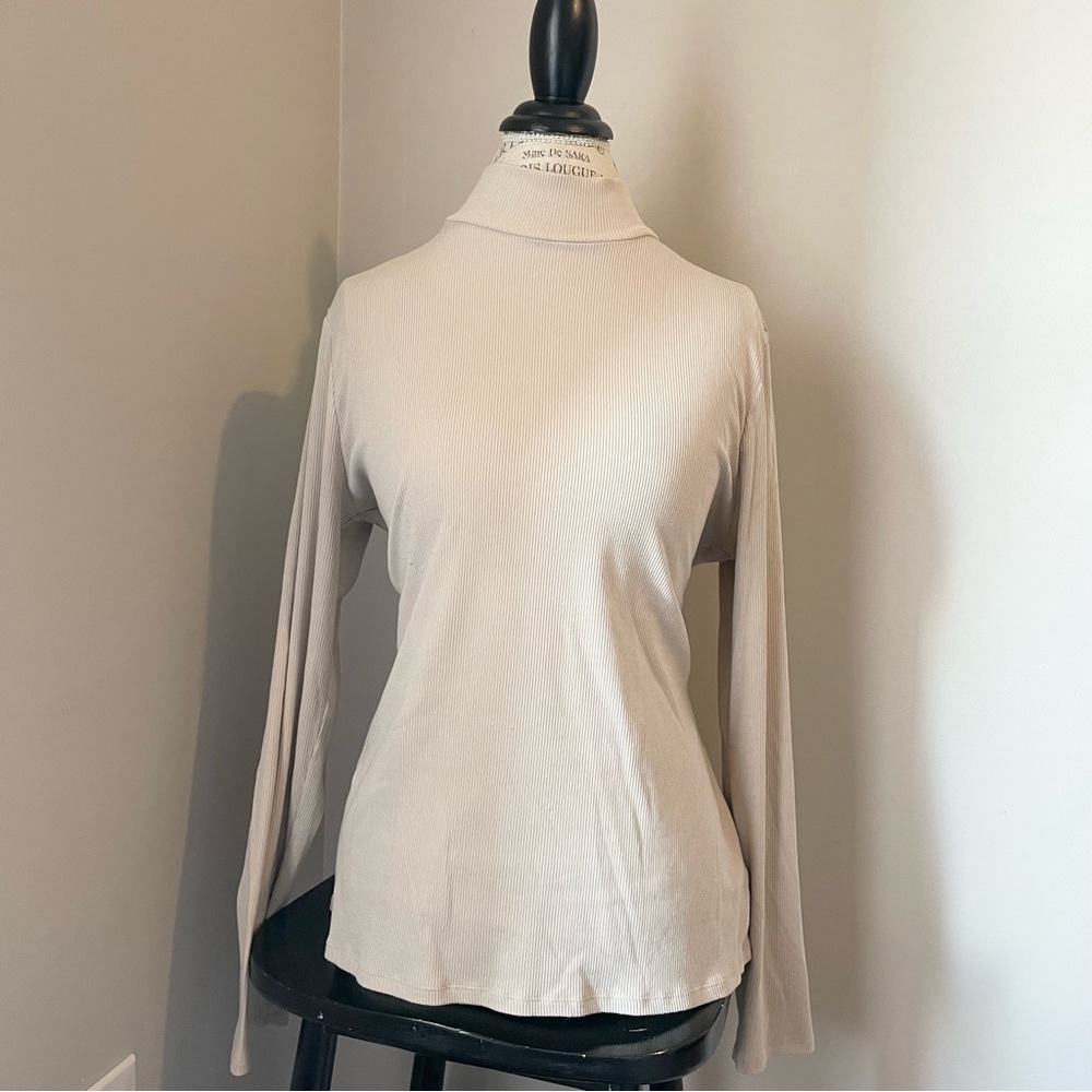 Nude cream beige tan neutral ribbed mock neck turtleneck long sleeve top